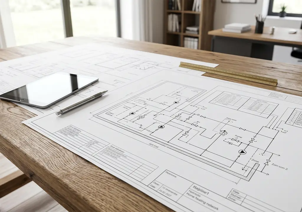 engineering blueprints and hydraulic system schematics for a complete home heating network | Greenables | Renewable Heating Specialists | Essex & Cambridgeshire